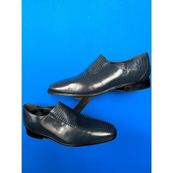 Stacy Adams Navy Blue Lizard Skin Print Leather Cap Toe Loafers Shoes Men's 12 - Picture 1 of 5